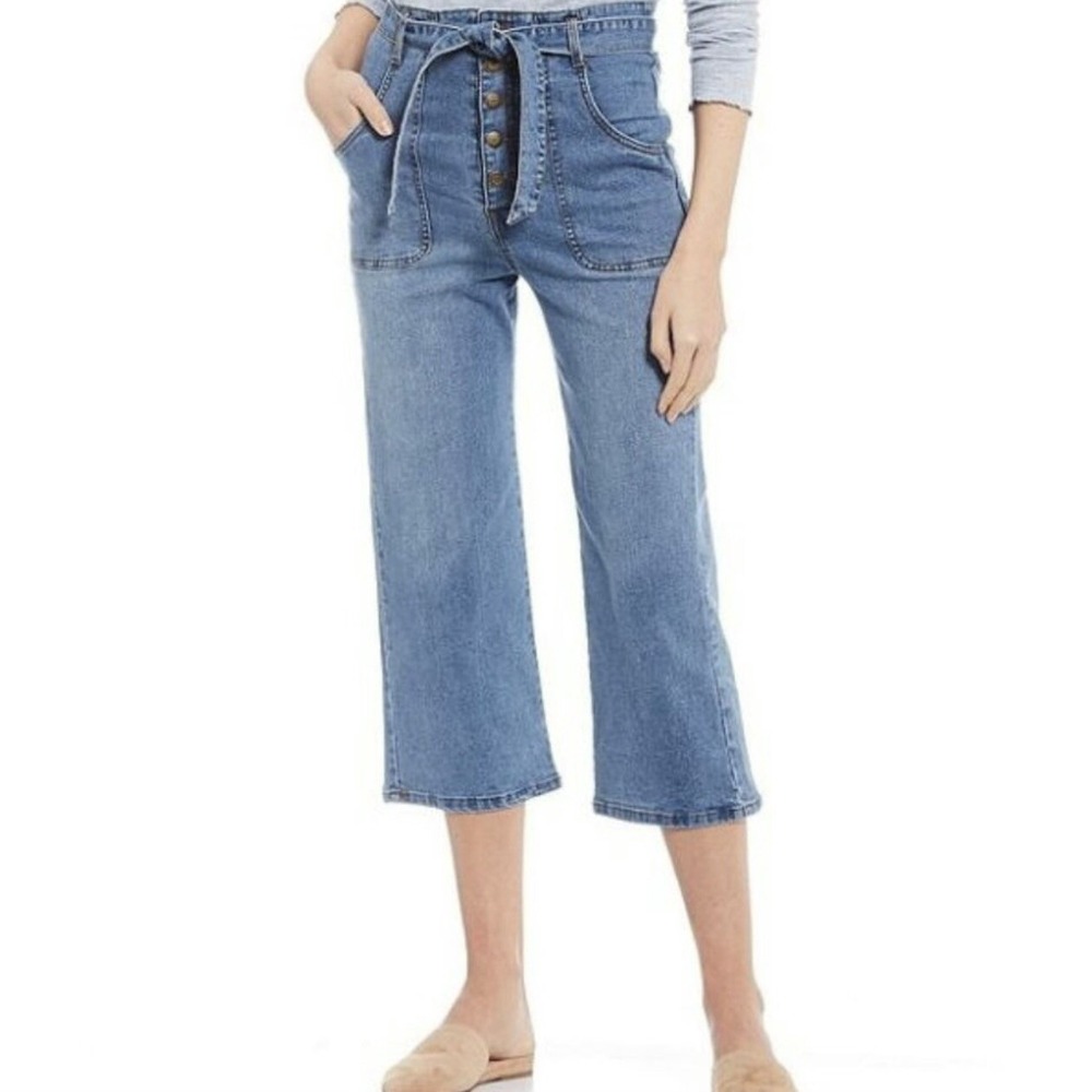 Chelsea & Violet Wide Leg Cropped Jeans Womens 30 Blue Tie Waist Button Fly